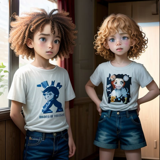 two children standing next to each other in front of a window with a cat on it's shirt