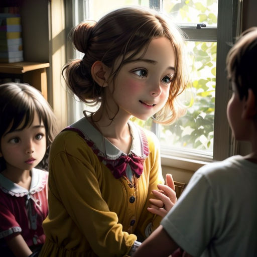 a group of children standing next to each other near a window with a cat on the window sill