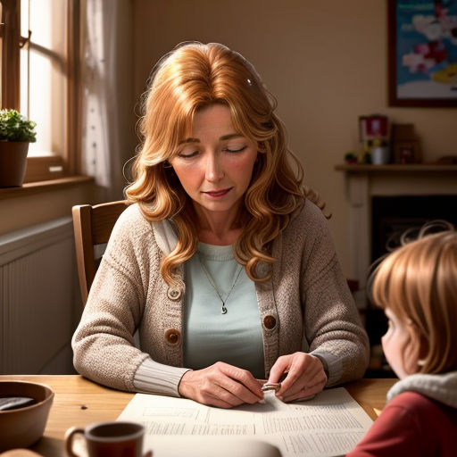 a woman and a child are sitting at a table with a book and pen in their hands and a cup of coffee