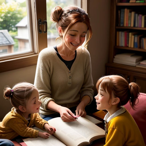 a woman sitting on a couch with two children reading a book together, with a window in the background
