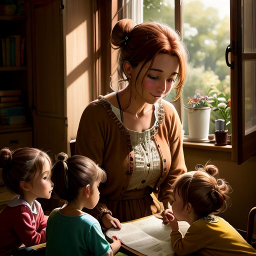 a woman is writing in a book with three children around her and a potted plant in the window