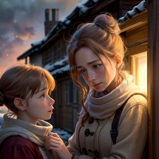 a woman and a girl standing next to each other in front of a house in the snow with a sky background