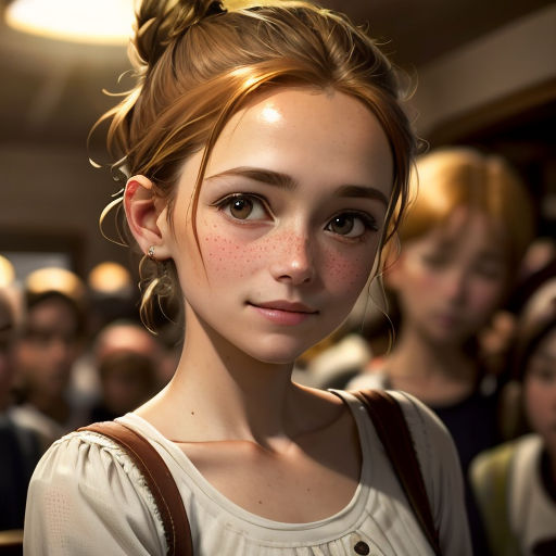 a girl with a messy bun in a crowd of people looking at the camera with a serious look on her face