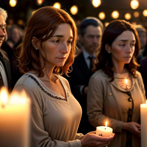 a woman holding a candle in front of a group of people in suits and ties, all looking at the camera