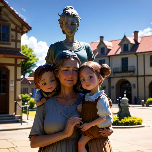 a woman holding two children in front of a statue of a woman and a boy in a dress and a building