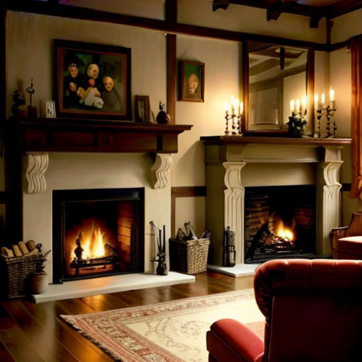 a living room with a fire place and a couch in it's centerpieces and a painting on the wall