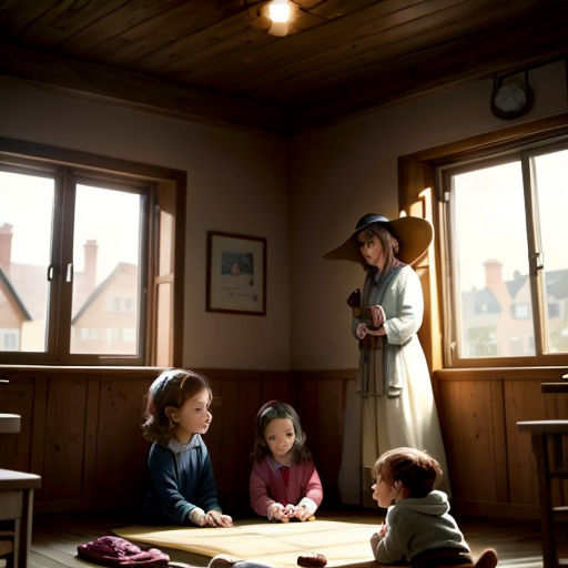 a group of children sitting around a table in a room with windows and a woman standing in the background