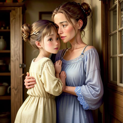 a painting of two women standing next to each other in a kitchen together, one of them is hugging the other