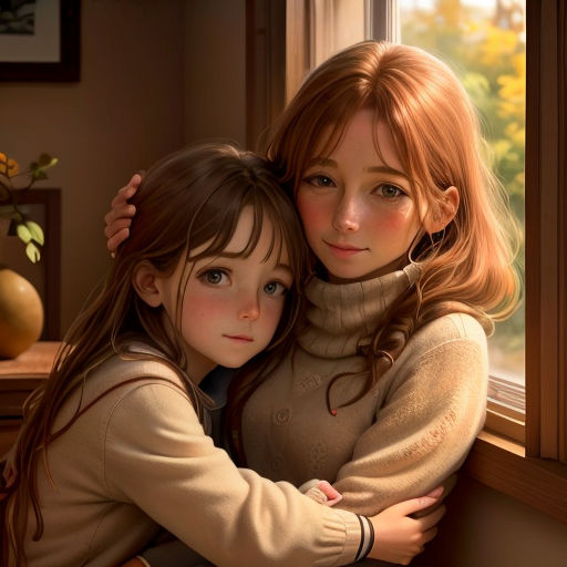 a painting of two girls hugging each other by a window sill with a view of a tree outside