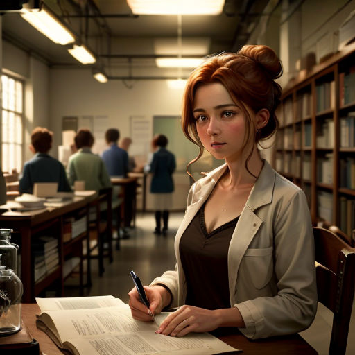a woman sitting at a table with a pen and paper in her hand and a book in front of her