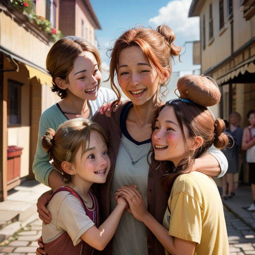 a woman is hugging two girls and smiling at the camera while others look on in the background and a woman is holding the girls