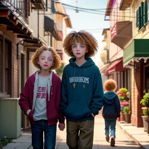 two children walking down a street in a neighborhood with buildings and a few people walking by them on the sidewalk