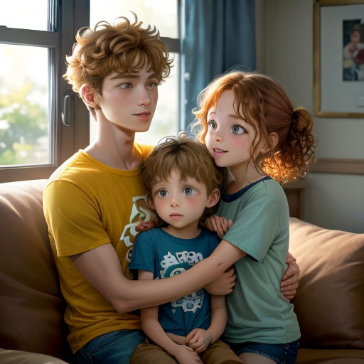 a boy and a girl sitting on a couch with their arms around each other and looking at the camera