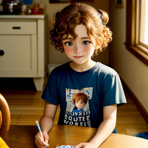 a young girl sitting at a table with a plate of food in front of her and a pen in her hand