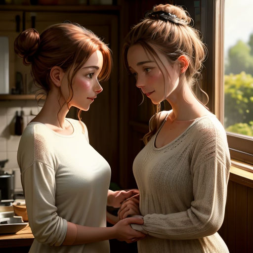 two women standing next to each other in a kitchen next to a window with a view of trees outside