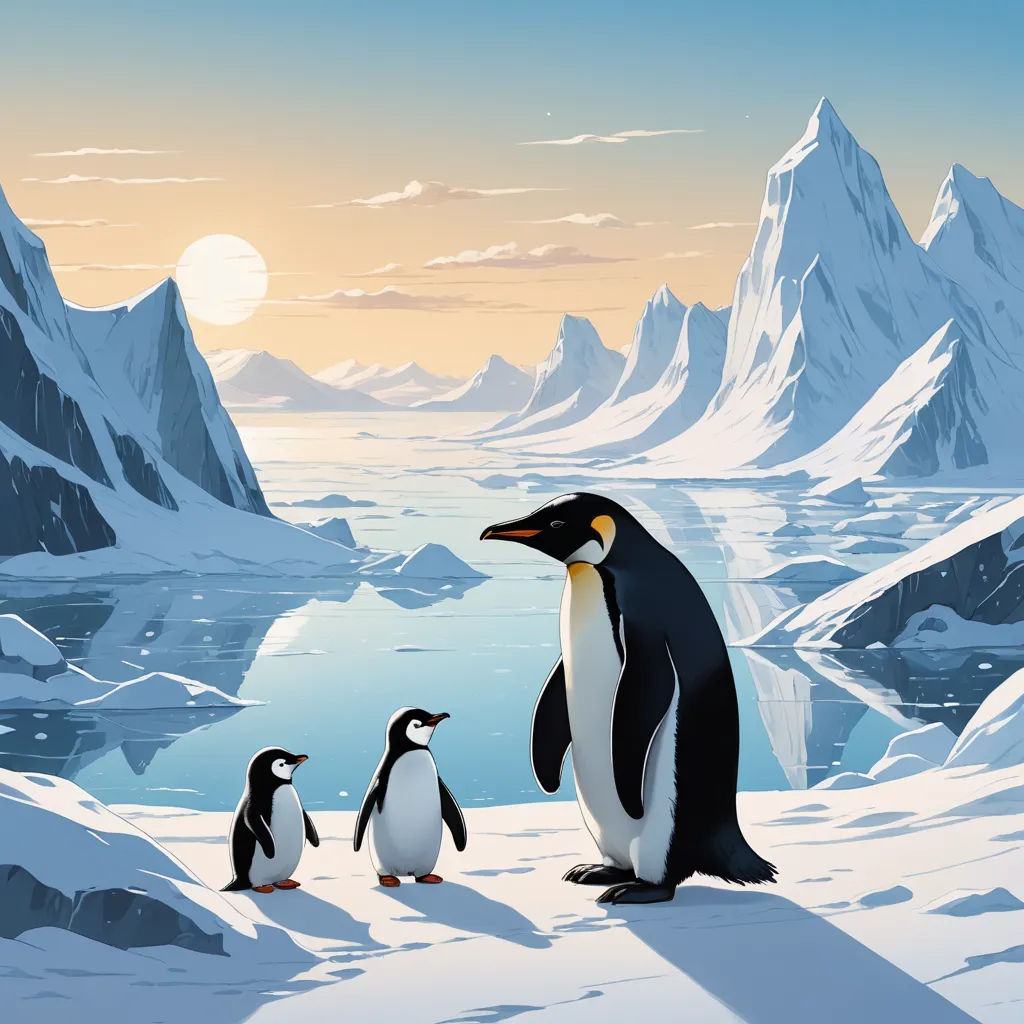 a group of penguins standing on top of a snow covered slope next to a lake and mountains in the background, space art, a matte painting, Cliff Childs, detailed illustration
