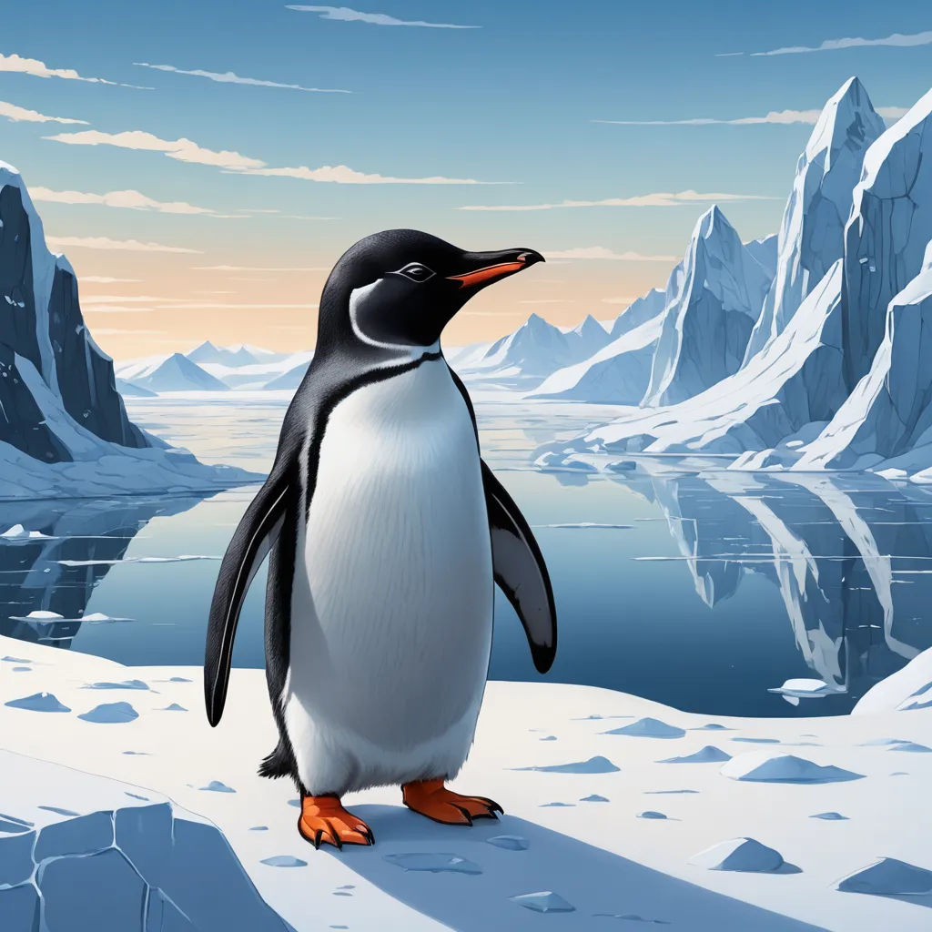 a penguin standing on a snowy hill next to a lake and icebergs in the background with a sunset, environmental art, a detailed matte painting, Chris LaBrooy, highly detailed digital painting