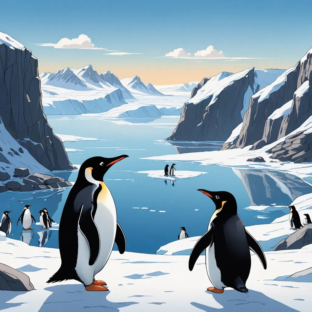 a group of penguins standing on top of a snow covered slope next to a lake and mountains with penguins standing on the snow, environmental art, a detailed matte painting, Chris LaBrooy, official art