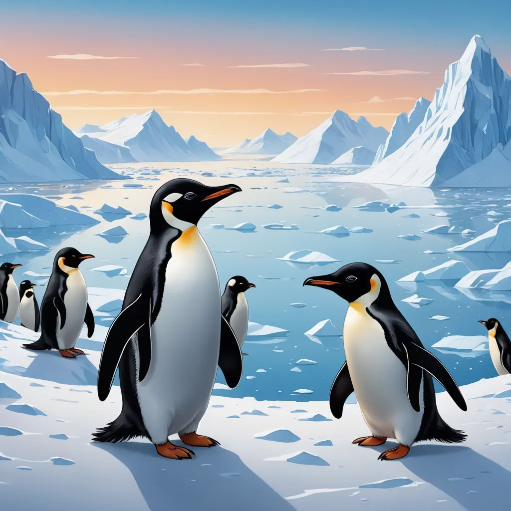 a group of penguins standing on a snow covered ground next to a body of water with icebergs in the background, computer art, a detailed matte painting, Chris LaBrooy, detailed illustration