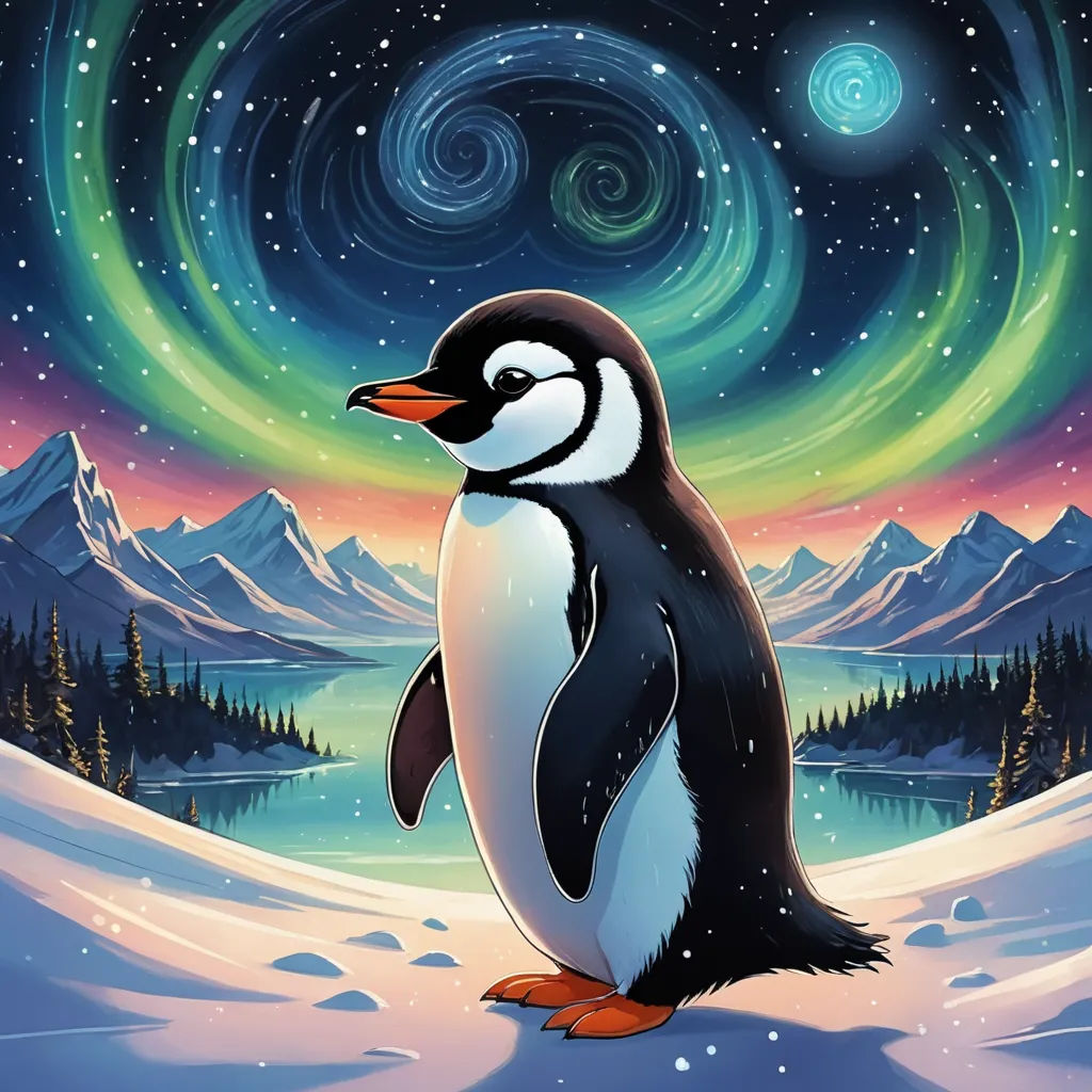 a penguin standing in the snow under a night sky with stars and a swirl of light above it and a mountain range in the background, space art, a storybook illustration, Dan Mumford, official art