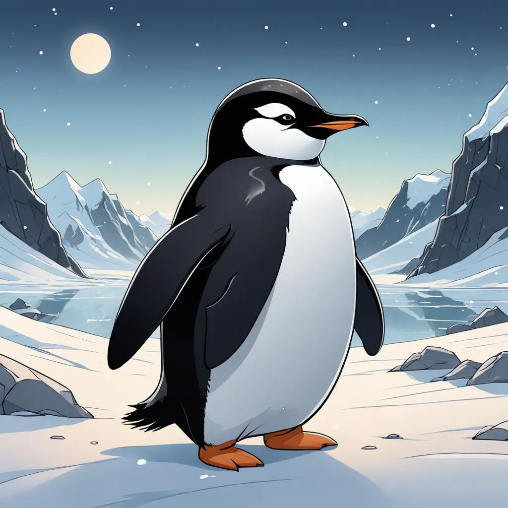a penguin standing on a snowy hill with a full moon in the background and a snowy mountain range in the foreground, sots art, a character portrait, Cliff Childs, official art