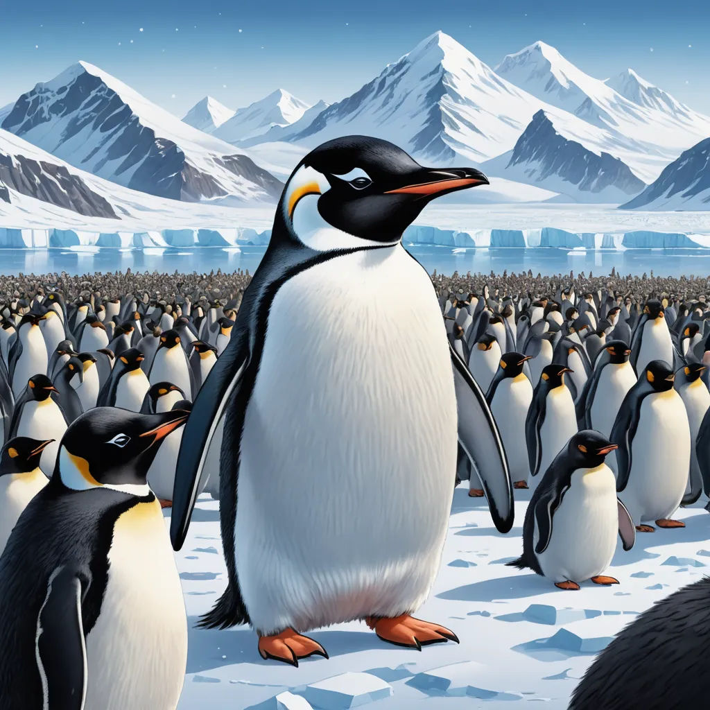 a group of penguins standing in the snow together with mountains in the background and snow covered ground in the foreground, maximalism, a detailed matte painting, Chris LaBrooy, detailed illustration