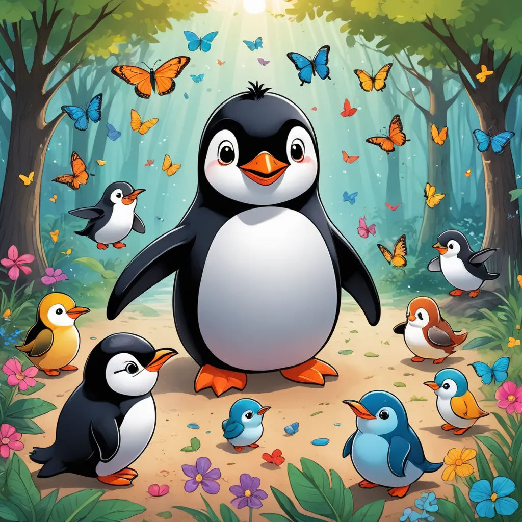 a penguin surrounded by birds and butterflies in a forest with butterflies flying around it and a sun shining on the ground, lyco art, a storybook illustration, Craola, official art