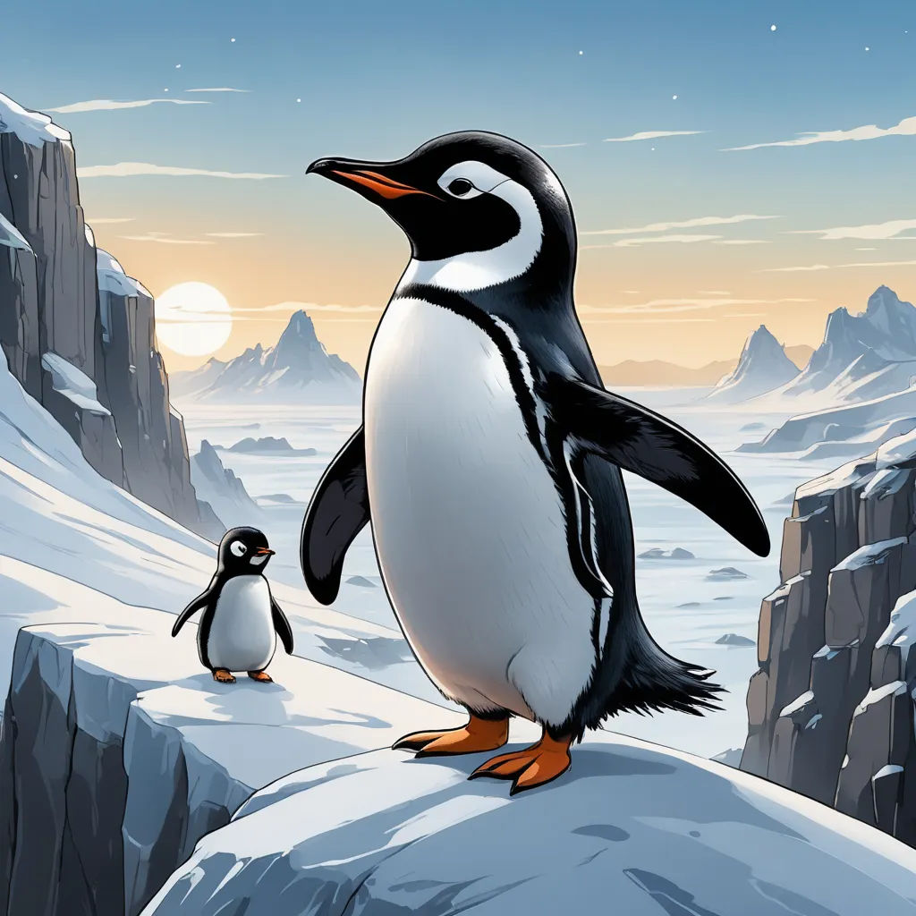 a penguin and a penguinling standing on a snowy hill with a mountain in the background and a full moon in the sky, computer art, a storybook illustration, Cliff Childs, promotional image