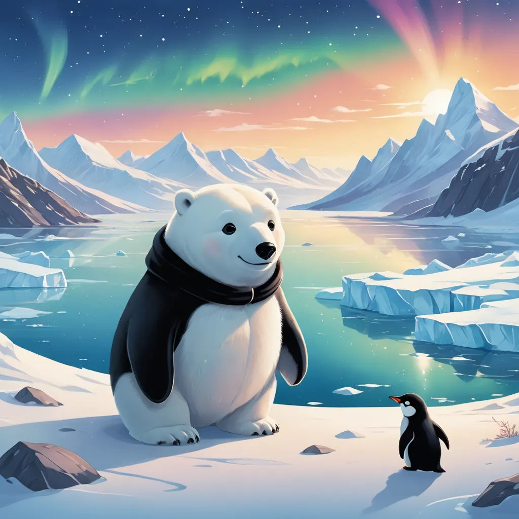 a penguin and a polar bear are standing in the snow near a lake and an aurora bore in the background, space art, a storybook illustration, Chris LaBrooy, official art
