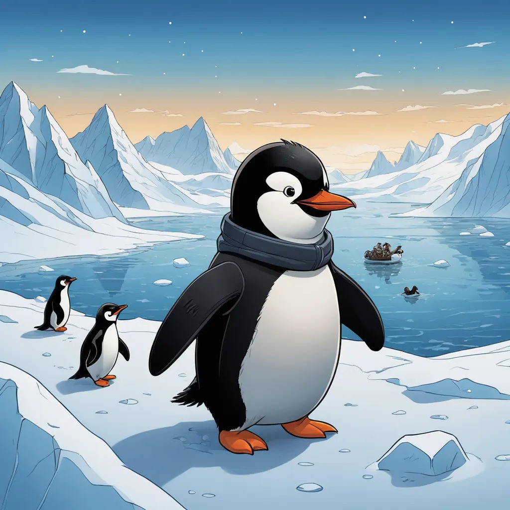a penguin with a scarf on standing next to a penguin on a snowy hill with a boat in the background, environmental art, a storybook illustration, Cliff Childs, official art