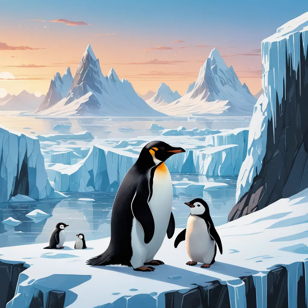 a group of penguins standing on a iceberg in the snow with mountains in the background and a sunset, space art, a detailed matte painting, Chris LaBrooy, highly detailed digital painting
