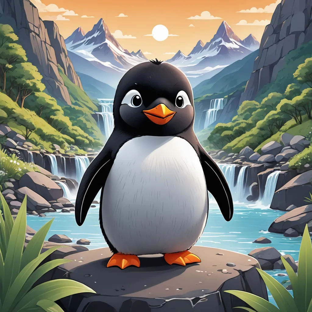 a penguin standing on a rock in front of a waterfall and a waterfall with a waterfall in the background, sots art, a character portrait, Chris LaBrooy, official art