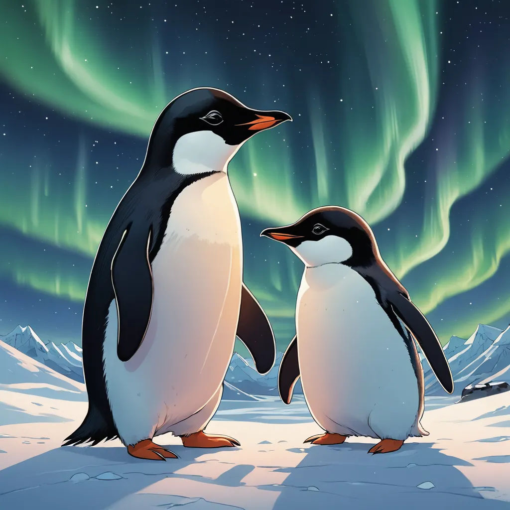two penguins standing in the snow under the aurora borel light in the sky above them are snow covered mountains, space art, concept art, Chris LaBrooy, official art