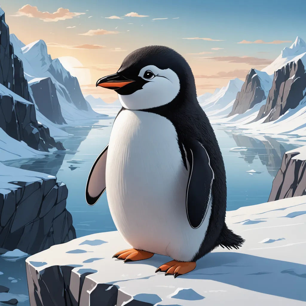 a penguin standing on a rock in the snow near a mountain lake and a mountain range with a sunset, computer art, a detailed matte painting, Cliff Childs, official art