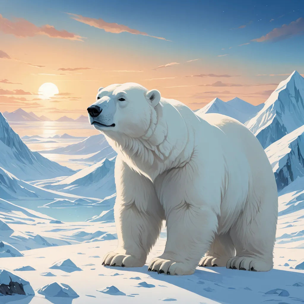 a polar bear standing on a snowy mountain top at sunset with the sun setting behind him and the mountains in the background, furry art, an airbrush painting, Chris LaBrooy, official art