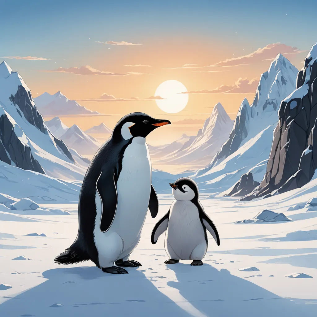 two penguins standing in the snow with a mountain in the background at sunset or dawn, with a sun setting, space art, a storybook illustration, Cliff Childs, official art