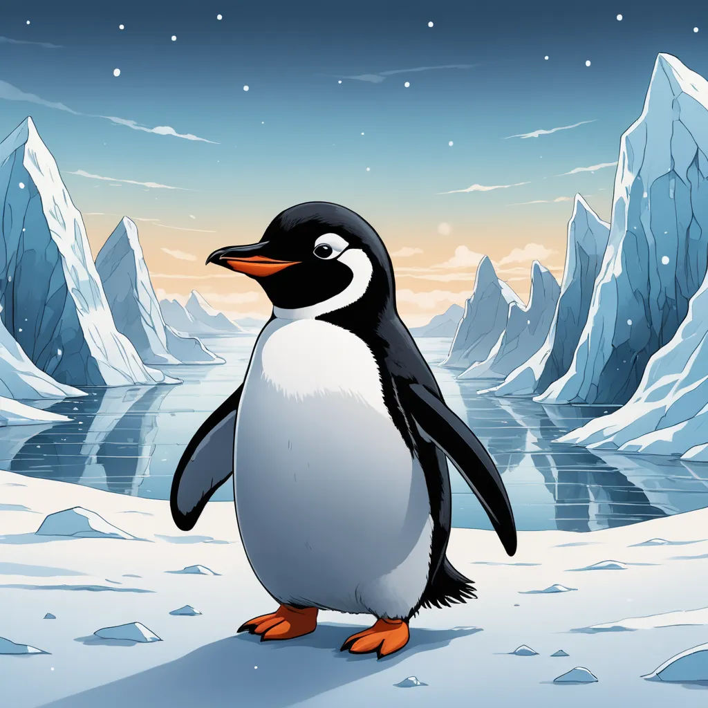a penguin standing on a snowy surface with icebergs in the background and a lake in the foreground, computer art, a storybook illustration, Chris LaBrooy, official art