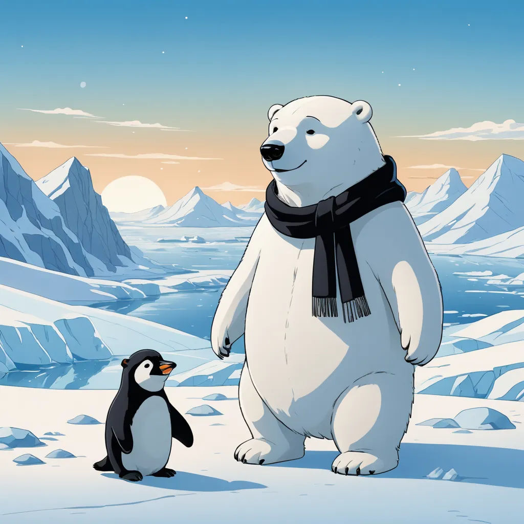 a penguin and a polar bear standing in the snow together, with mountains in the background, and a sunset, environmental art, concept art, Cliff Childs, promotional image