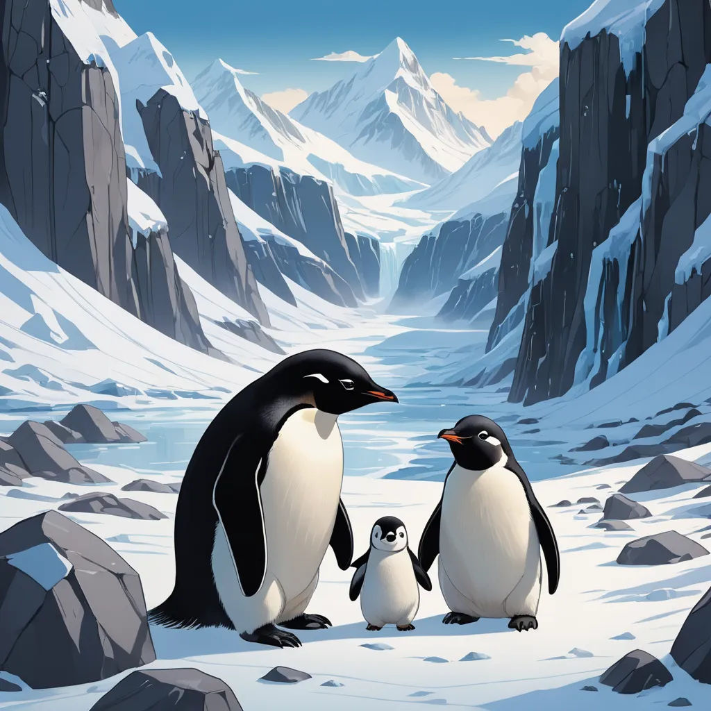 a group of penguins standing on a snow covered mountain side with a penguin looking at another penguin in the distance, environmental art, a detailed matte painting, Cliff Childs, official art