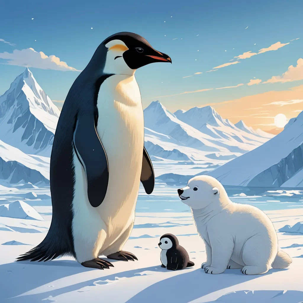 a penguin and two polar bears are standing in the snow with mountains in the background and a sky with clouds, fantasy art, a storybook illustration, Chris LaBrooy, official art