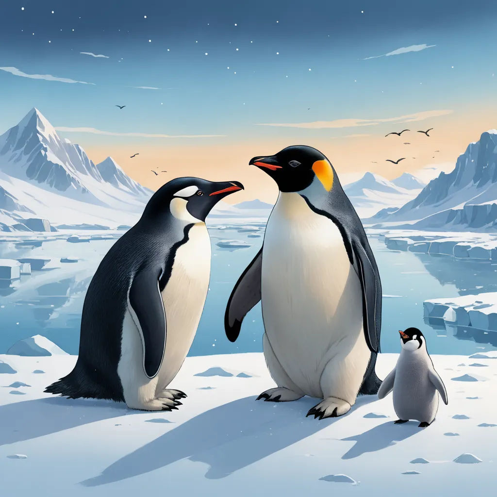 a couple of penguins standing next to each other on a snow covered ground with a penguin looking at each other, space art, a storybook illustration, Chris LaBrooy, official art