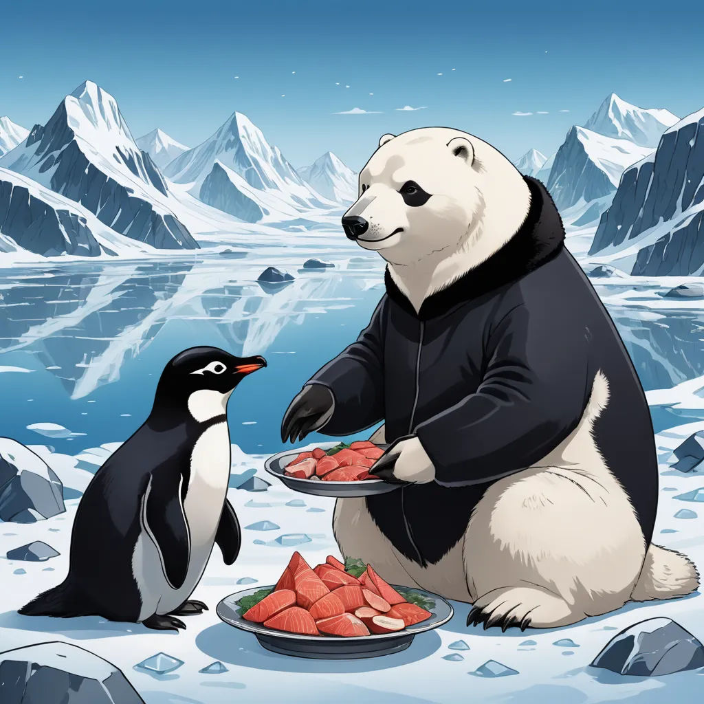 a panda bear sitting on the ground with a plate of food in front of a penguin and a penguin, serial art, a storybook illustration, Chris LaBrooy, official art