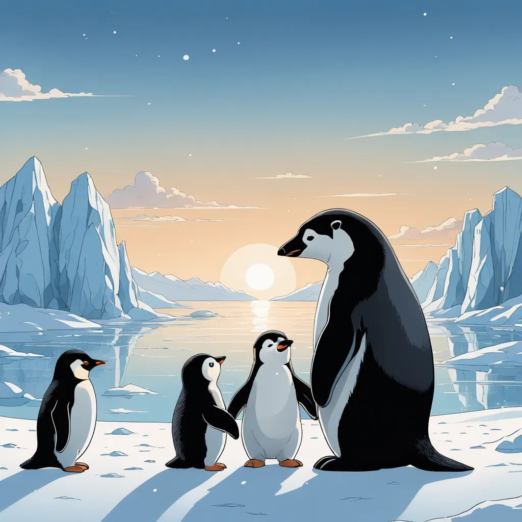 a group of penguins standing on top of a snow covered ground next to a mountain range with a lake, environmental art, a storybook illustration, Cliff Childs, official art