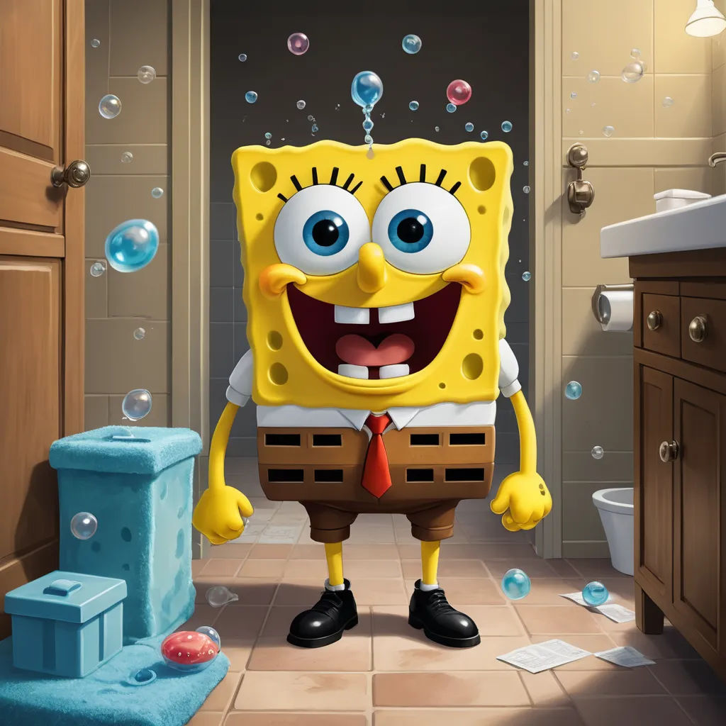 a cartoon character is standing in a bathroom with bubbles coming from the shower stall and a sink in the background, sots art, a fine art painting, Chris LaBrooy, official art