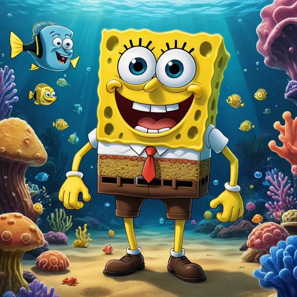 a cartoon spongebob with a tie and a fish in the background with a coral reef and a fish, pop surrealism, concept art, Chris LaBrooy, promotional image