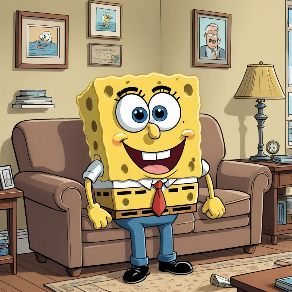 a cartoon character is holding a box of cheese in a living room with a couch and a lamp on the table, sots art, a character portrait, Bob Singer, official art