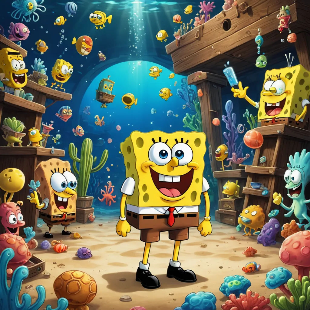 a cartoon spongebob standing in a room with other cartoon characters around him and a fish in the background, sots art, concept art, Chris LaBrooy, promotional image