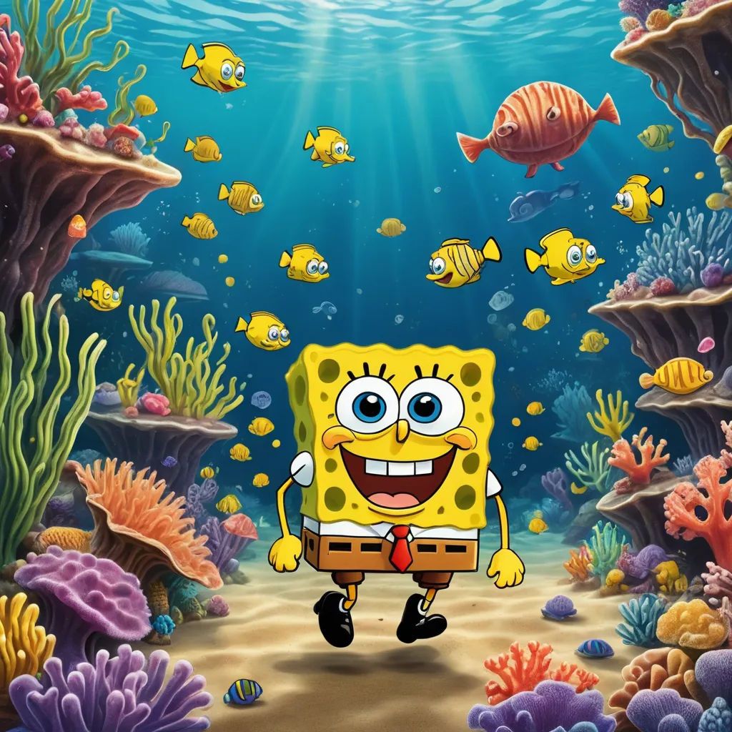 a spongebob under the sea with a lot of fish around him and a big smile on his face, pop surrealism, a screenshot, Bob Singer, underwater