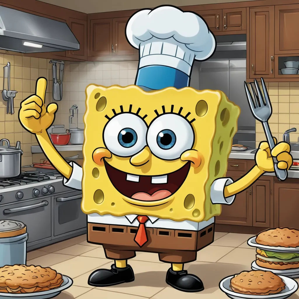 a cartoon spongebob holding a fork and knife in a kitchen with a hamburger on the floor and a chef hat on, sots art, computer graphics, Bob Singer, promotional image