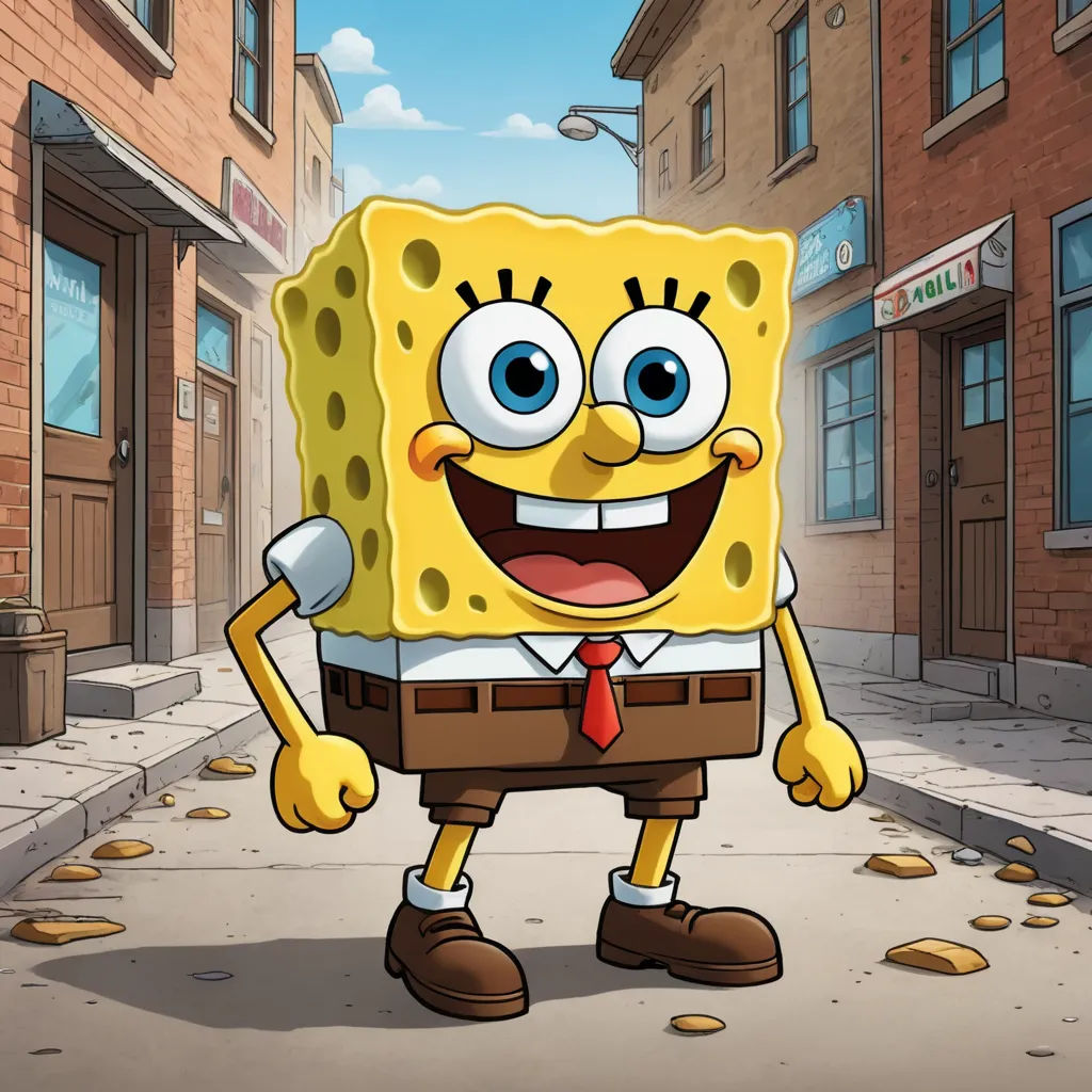 a cartoon character is standing on a sidewalk in front of a building with a red tie and a suit, sots art, a character portrait, Bob Singer, official art